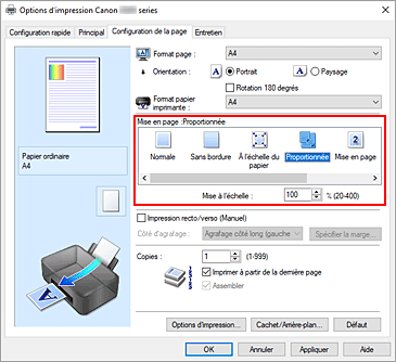 figure&nbsp;: Sélectionnez Proportionnée comme Mise en page dans l'onglet Configuration de la page.