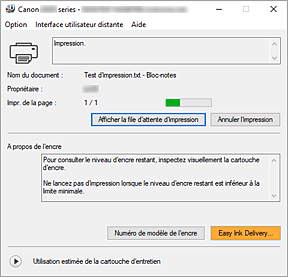 figure&nbsp;: Écran d'état d'imprimante Canon IJ