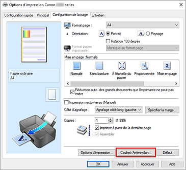 figure&nbsp;: Cachet/Arrière-plan... dans l'onglet Configuration de la page