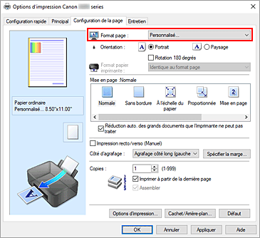 figure&nbsp;: Sélectionnez Personnalisé pour Format page dans l'onglet Configuration de la page.