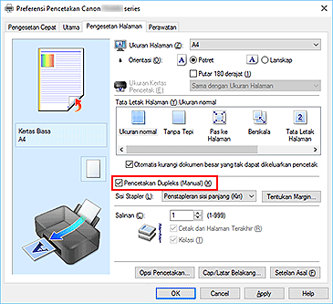 gambar: Kotak centang Pencetakan Dupleks (Manual) pada tab Pengesetan Halaman