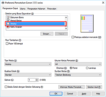 gambar: Pilih Amplop dari Setelan yang Biasa Digunakan dalam tab Pengesetan Cepat