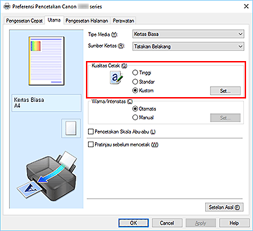 gambar: Pilih pada tab Utama, pilih Kustom untuk Kualitas Cetak