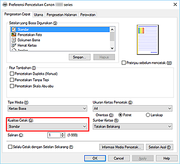 gambar: Kualitas Cetak pada tab Pengesetan Cepat