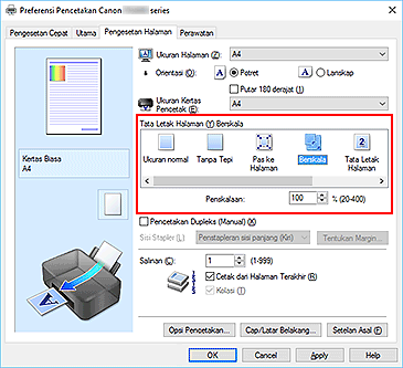 gambar: Pilih Berskala untuk Tata Letak Halaman pada tab Pengesetan Halaman