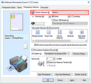 gambar: Pilih Kustom untuk Ukuran Halaman pada tab Pengesetan Halaman