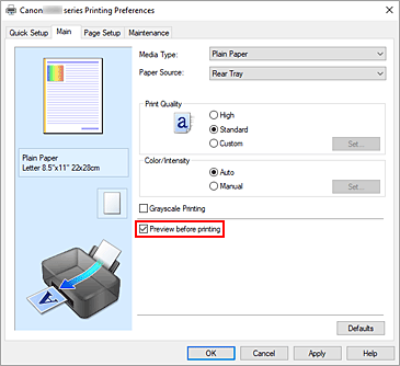 figura:Caseta de selectare Preview before printing de pe fila Main