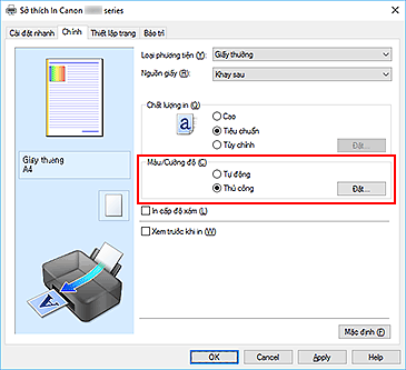 hình: Chọn Thủ công cho Màu/Cường độ trên tab Chính