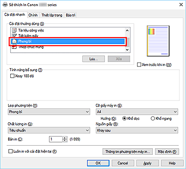 hình: Chọn Phong bì từ Cài đặt thường dùng trên tab Cài đặt nhanh