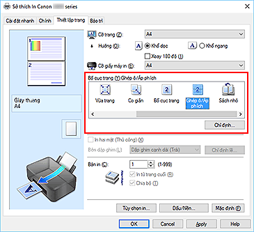 hình: Chọn Ghép ô/Áp phích cho Bố cục trang trên tab Thiết lập trang