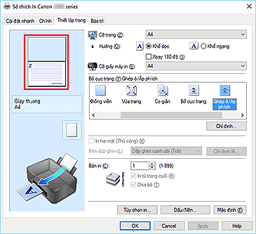 hình: Xem trước Cài đặt được hiển thị trên tab Thiết lập trang