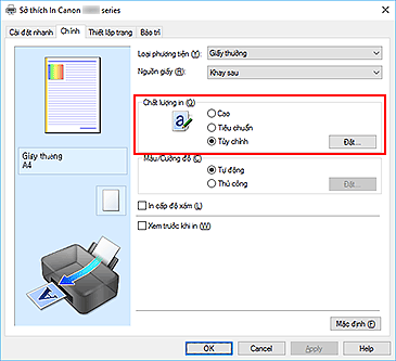 hình: Chọn trên tab Chính, chọn Tùy chỉnh cho Chất lượng in