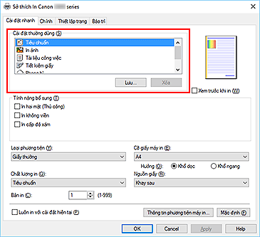 hình: Cài đặt thường dùng trên tab Cài đặt nhanh