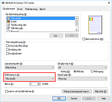 hình: Chất lượng in trên tab Cài đặt nhanh