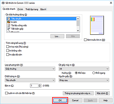 hình: OK trên tab Cài đặt nhanh