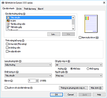 hình: Tab Cài đặt nhanh