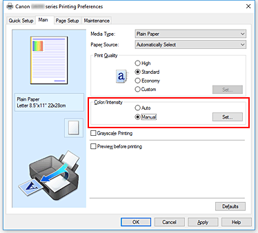 الشكل: تحديد يدوي لخيار اللون/الكثافة في علامة التبويب إعدادات رئيسية
