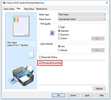 фигура: Квадратче за отметка &bdquo;Preview before printing&rdquo; в раздела &bdquo;Main&rdquo;