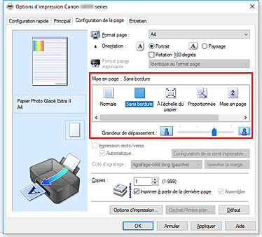 figure : Sélectionnez Sans bordure comme Mise en page dans l'onglet Configuration de la page.