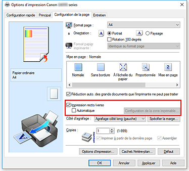 figure : Case à cocher Impression recto/verso dans l'onglet Configuration de la page