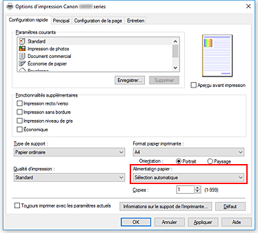 figure : Alimentation papier dans l'onglet Configuration rapide