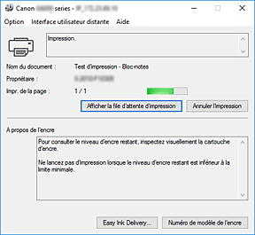 figure : Écran d'état d'imprimante Canon IJ