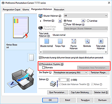 gambar: Kotak centang Pencetakan Dupleks pada tab Pengesetan Halaman