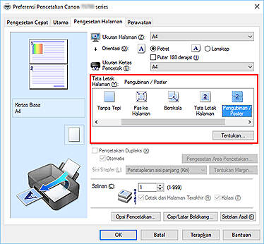 gambar: Pilih Pengubinan/Poster untuk Tata Letak Halaman pada tab Pengesetan Halaman