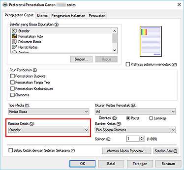 gambar: Kualitas Cetak pada tab Pengesetan Cepat