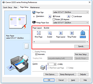 figura: Selezione di Opuscolo per Layout di pagina nella scheda Imposta pagina