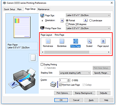 figura: selezionare Adattata alla pagina per Layout di pagina nella scheda Imposta pagina