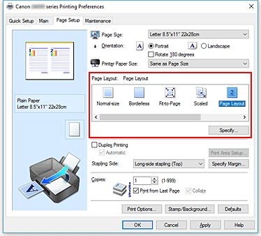 figura: selezionare Layout di pagina per Layout di pagina nella scheda Imposta pagina