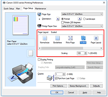 figura: Selezione di In scala per Layout di pagina nella scheda Imposta pagina