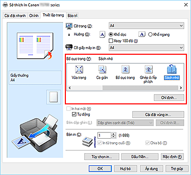 hình: Chọn Sách nhỏ cho Bố cục trang trên tab Thiết lập trang