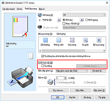 hình: Hộp kiểm In hai mặt trên tab Thiết lập trang