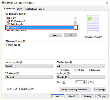hình: Chọn Phong bì từ Cài đặt thường dùng trên tab Cài đặt nhanh