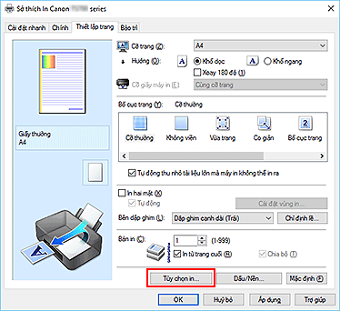 hình: Tùy chọn in... trên tab Thiết lập trang