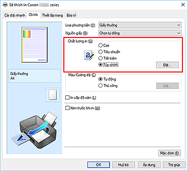 hình: Chọn trên tab Chính, chọn Tùy chỉnh cho Chất lượng in