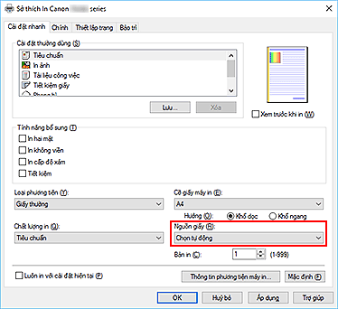 hình: Nguồn giấy trên tab Cài đặt nhanh