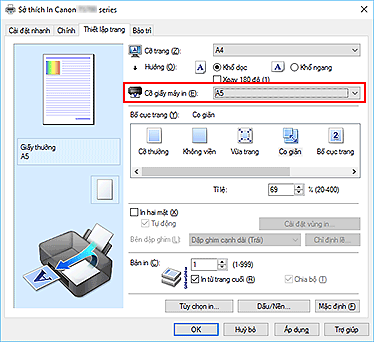 hình: Cỡ giấy máy in trên tab Thiết lập trang