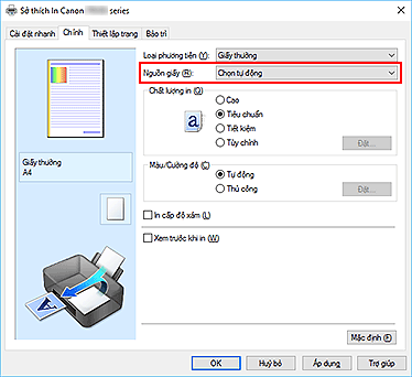 hình: Nguồn giấy trên tab Chính