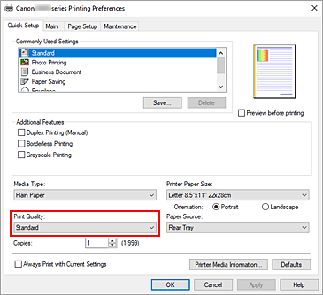obrázek: nastavení Kvalita tisku na kartě Rychlé nastavení
