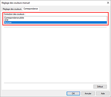 figure : Sélectionnez Aucune pour Correction des couleurs dans la boîte de dialogue Réglage des couleurs manuel.