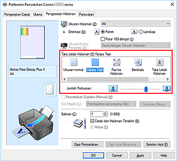 gambar: Pilih Tanpa Tepi untuk Tata Letak Halaman pada tab Pengesetan Halaman