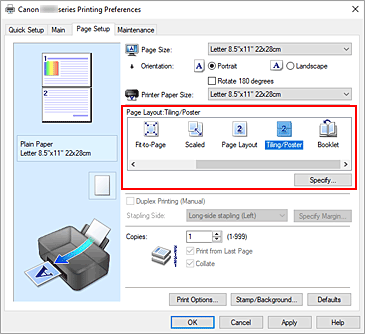 figura:Selectaţi Tiling/Poster pentru Page Layout din fila Page Setup