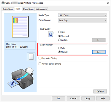 şekil: Ana sekmesinde Renk/Yoğunluk için El İle seçeneğini belirleyin