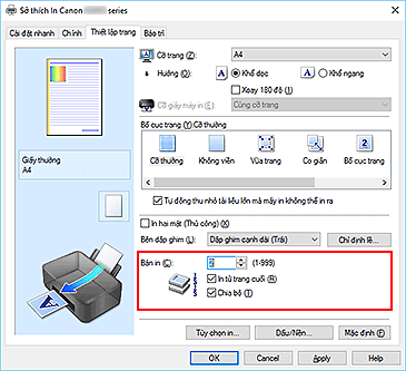 hình: Bản in trên tab Thiết lập trang
