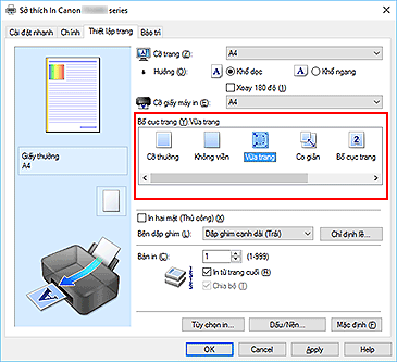 hình: Chọn Vừa trang cho Bố cục trang trên tab Thiết lập trang