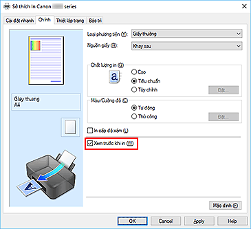 hình: Hộp kiểm Xem trước khi in trên tab Chính
