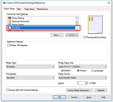 фигура: Избор на „Envelope” от „Commonly Used Settings” в раздела „Quick Setup”